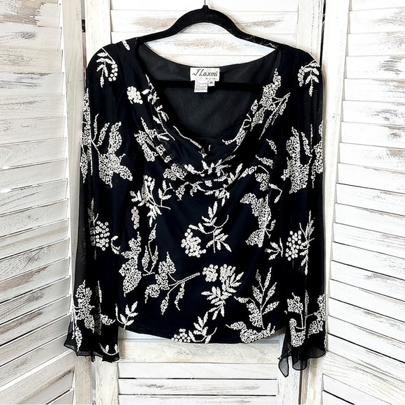 J LAXMI | Vintage 80’s Beaded Draped Sequin Sheer Black Blouse Top - Picture 3 of 9